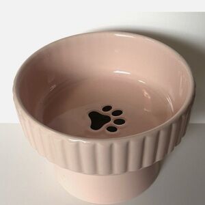 Pink Ceramic Elevated Pet Bowl with Paw Print